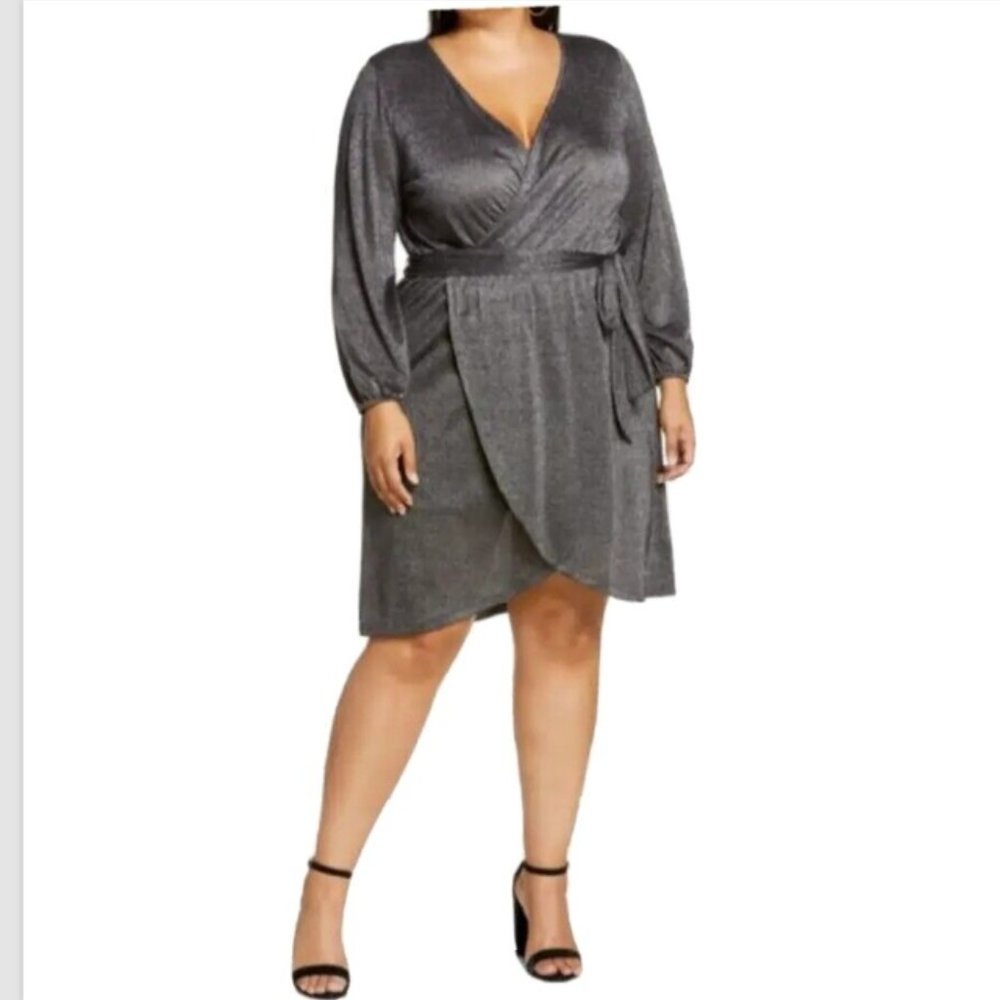 Nordstrom Halogen Silver Metallic Lurex Faux Wrap Dress Drape Long Sleeves